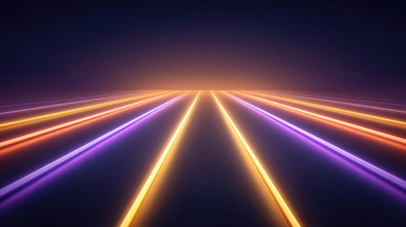 A mesmerizing view of vibrant neon light rays extending from the horizon, illuminating a dark digital landscape. Ideal for modern design, abstract art, or technology themes.の素材