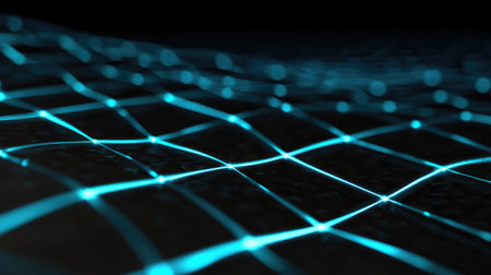 This abstract digital image showcases glowing blue grid lines against a dark background, creating a futuristic atmosphere ideal for technology concepts and innovative designs.の素材