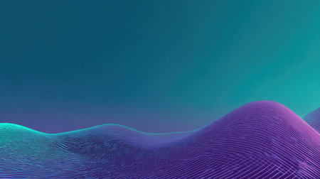 Stunning abstract landscape featuring smooth waves in vibrant purple and teal colors. Ideal for backgrounds, design elements, and artistic projects that require modern aesthetics.の素材