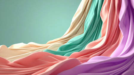 Soft pastel fabrics drape gracefully, creating a serene and elegant composition. Ideal for backgrounds in fashion, interior design, and artistic projects.の素材