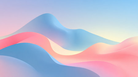 This abstract image features soft waves in pastel shades of blue, pink, and peach, creating a calming landscape. The design evokes tranquility and modern elegance.の素材