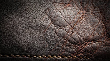 Close-up view of a rich brown leather texture highlighting the intricate details, natural creases, and careful stitching, perfect for creative projects in fashion or design.の素材