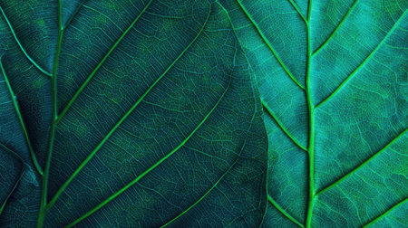 Close-up view of textured green leaves showcasing intricate veins against a dark background. Perfect for themes related to nature, sustainability, and botanical beauty.の素材