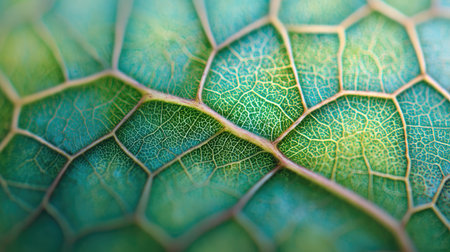 Explore the beauty of nature through this close-up image of a vibrant green leaf, showcasing intricate vein patterns and rich textures that exemplify botanical charm.の素材