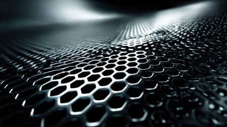Intricate close-up of a black honeycomb metal texture showcasing reflective properties. Ideal for industrial themes, modern designs, and abstract visuals.の素材