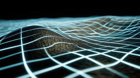 A captivating digital landscape featuring flowing curves and light grids that evoke a sense of depth and movement in a futuristic environment.の素材