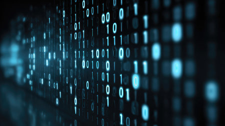 This image showcases an abstract digital background featuring glowing blue binary code on a dark backdrop, ideal for themes of technology and data processing.の素材
