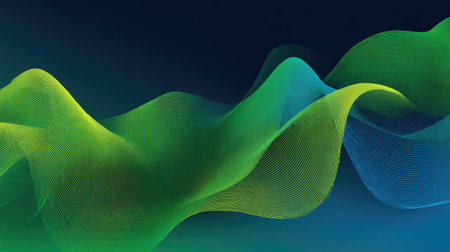 Vibrant abstract waves in green and blue create a stunning visual effect. This digital artwork symbolizes flow and movement in a modern design style.の素材