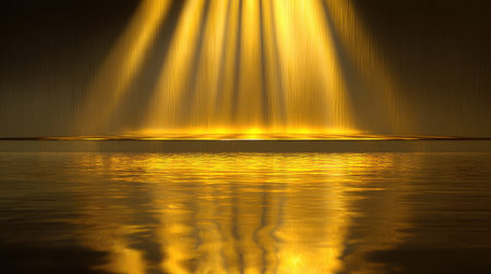 This captivating image features golden light rays cascading down, reflecting on the water's surface, creating a serene atmosphere perfect for nature and tranquility themes.の素材