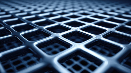 A captivating abstract close-up of a metallic grid pattern. This image highlights reflections and shadows, perfect for modern backgrounds and textures in digital projects.の素材