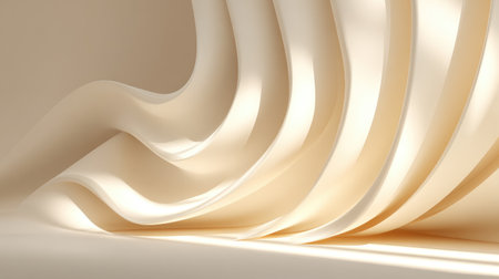 This serene image captures elegant flowing fabric drapes that create soft shadows and curves. The smooth beige tones evoke a minimalist aesthetic perfect for design.の素材