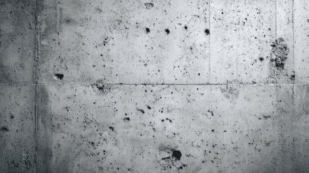 This image captures a gray concrete wall surface marked by imperfections and indents, ideal for backgrounds in architectural and industrial-themed designs.の素材