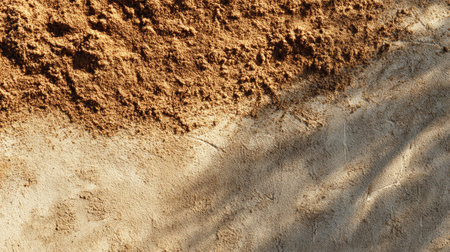 Close-up view of brown soil and sand, showcasing natural textures and smooth surfaces. The interplay of light and shadow adds depth, perfect for artistic projects.の素材