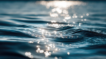 A close-up view of gentle waves on water, illuminated by bright sunlight, creating a peaceful and calming atmosphere perfect for nature-themed projects.の素材