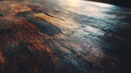 Close-up view of a weathered wooden table surface showcasing rich textures and natural variations in color and grain, ideal for decoration or design projects.の素材