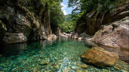 Experience the tranquil beauty of a crystal-clear river surrounded by lush greenery and towering cliffs, perfect for nature lovers and adventurers seeking peace.の素材