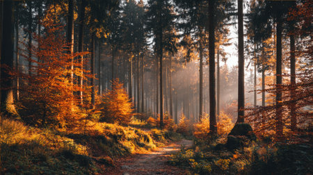 Explore a serene autumn forest pathway where golden foliage meets soft morning light, creating a captivating natural landscape ideal for relaxation and adventure.の素材