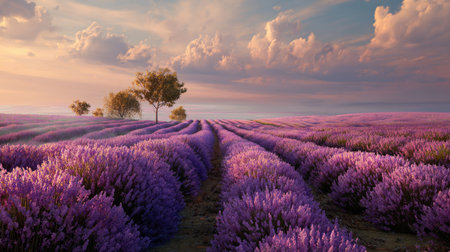 A stunning landscape capturing vast lavender fields at dusk, accented by gentle cloud formations and distant trees. This scene evokes tranquility and natural beauty.の素材
