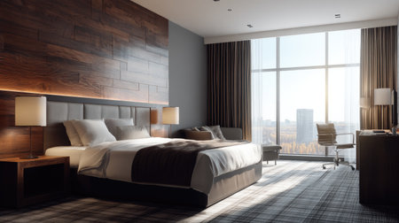 Experience the tranquility of a modern hotel room featuring elegant wooden accents and large windows that offer stunning views of the urban skyline.の素材