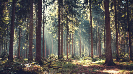 A stunning forest scene showcasing tall evergreen trees illuminated by soft sunlight, casting gentle rays and creating a peaceful setting, ideal for nature lovers.の素材