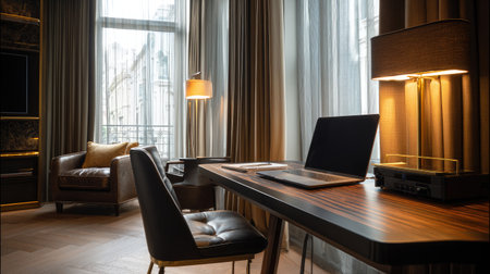 Modern office workspace design featuring a sleek desk, comfortable chair, and warm lighting, perfect for enhancing productivity and creating a cozy atmosphere.の素材