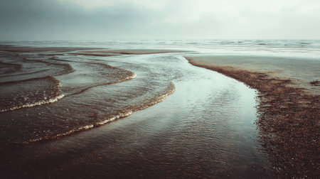 Captivating view of a tranquil beach landscape with gentle waves and a low tide, highlighting peaceful curves in the sandy shore under a cloudy sky.の素材