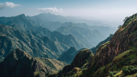 Discover an awe-inspiring view of rugged mountains, showcasing layers of hills fading into the horizon under a clear sky, creating a tranquil escape into nature.の素材