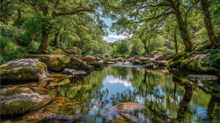A stunning forest scene featuring a peaceful river flowing over rocks, with lush green trees framing the landscape under a bright blue sky and serene water reflections.の素材