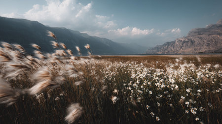 A serene and picturesque view capturing wildflowers swaying gently in the breeze against a backdrop of distant mountains and a cloudy sky. Perfect for nature lovers.の素材