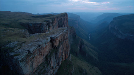 This stunning image showcases a dramatic mountain range during dusk, featuring a deep valley and a river flowing gracefully in the distance, epitomizing natural beauty.の素材