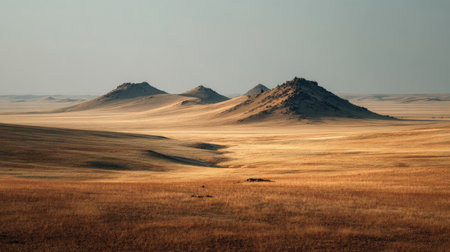 An expansive view of a golden prairie with distinctive rocky outcrops under a clear blue sky. This serene landscape captures the essence of nature and tranquility.の素材
