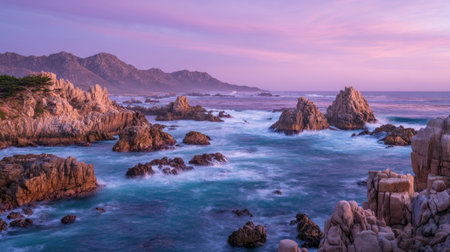A breathtaking coastal landscape featuring rocky shores and gentle ocean waves, bathed in warm sunset colors of pink and purple, evoking tranquility and peace.の素材