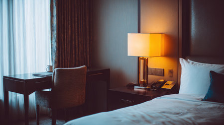 This beautifully designed hotel room features a comfortable bed and modern desk with soft lighting, creating an inviting atmosphere ideal for travelers seeking relaxation.の素材