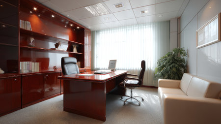 A well-designed executive office featuring sleek furniture, abundant natural light, and a warm color palette to create a sophisticated yet inviting space for professionals.の素材