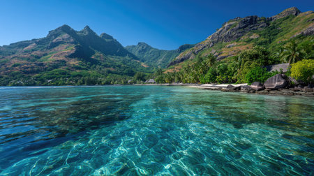 Discover a tranquil tropical paradise featuring crystal clear waters, stunning mountains, lush greenery, and a serene beach under a bright blue sky, inviting relaxation.の素材