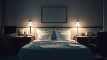 This serene bedroom features soft lighting and plush bedding, creating a calming atmosphere perfect for relaxation and restful sleep in a modern interior.の素材