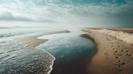 This serene seascape captures gentle waves lapping on a sandy beach at dawn. The reflection in calm water adds depth and tranquility to the scenic coastal view.の素材