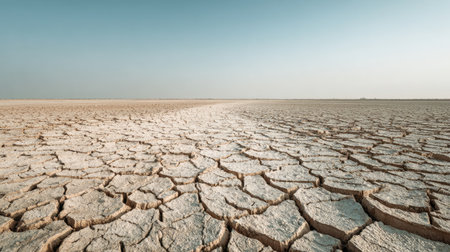 A striking view of dry cracked earth stretches across an arid landscape, highlighting the effects of climate change and environmental degradation on the ecosystem.の素材