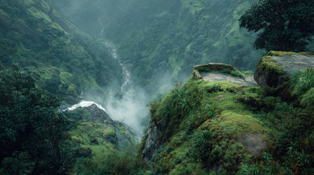 A breathtaking view of a lush valley featuring a misty river winding through the mountains, capturing natureの素材