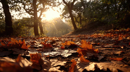 A serene view of sunlight filtering through trees onto a forest path covered with colorful autumn leaves, creating a warm and tranquil atmosphere perfect for nature enthusiasts.の素材
