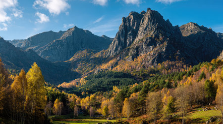 Breathtaking autumn landscape showcasing vibrant foliage amidst rugged mountains and clear blue sky, perfect for nature enthusiasts and outdoor photography lovers.の素材