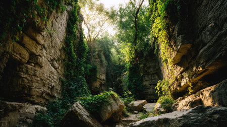 Explore the serene beauty of a secluded canyon where majestic cliffs rise, bathed in bright sunlight. Lush greenery and rocky terrain create a peaceful outdoor escape.の素材