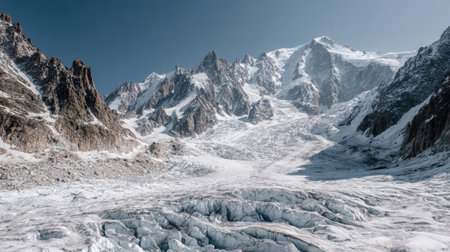 Experience the breathtaking beauty of a glacial landscape surrounded by towering mountains, showcasing the serene essence of winter in a pristine environment.の素材