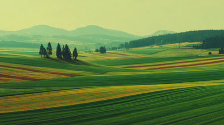 A serene rural landscape featuring rolling hills and lush green fields. The soft golden light accentuates the vibrant colors, creating a peaceful ambiance.の素材