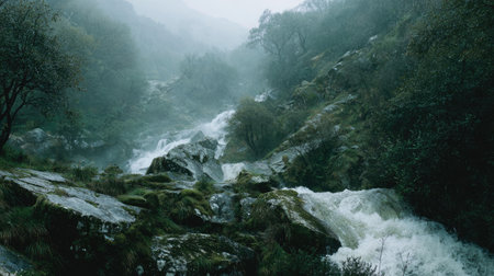 A peaceful river flows through a misty mountainous landscape, surrounded by lush greenery and rocks, creating a serene atmosphere in nature's tranquil setting.の素材