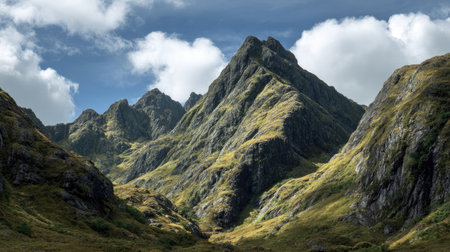 Stunning view of towering mountain peaks accentuated by vibrant greenery and dramatic clouds, creating a captivating outdoor experience perfect for travel and nature themes.の素材