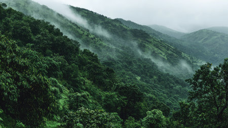 A serene view of lush green mountains enveloped in soft mist under a cloudy sky, showcasing the tranquil beauty of nature in a peaceful, untouched landscape.の素材