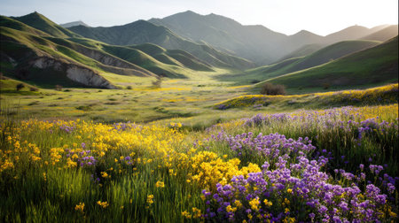 Experience the serene beauty of rolling green hills adorned with vibrant wildflowers during golden hour. This stunning landscape invites nature lovers to enjoy a peaceful escape.の素材