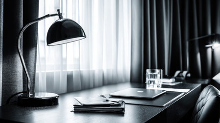 A sleek modern workspace featuring a stylish desk lamp, laptop, and glass of water, all bathed in the gentle light of a window, perfect for productivity.の素材