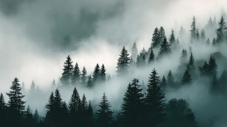 A captivating foggy forest scene featuring tall pine trees shrouded in mist. This image evokes tranquility and a sense of adventure, perfect for nature enthusiasts.の素材